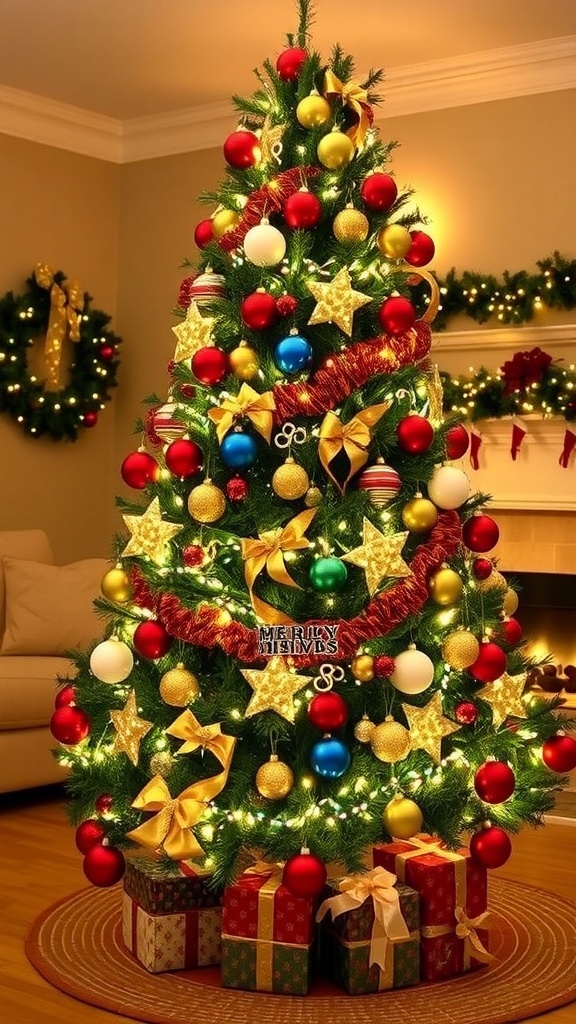 Creative Decoration Ideas for a 7.5 ft Christmas Tree A tall Christmas tree decorated with colorful ornaments and lights, surrounded by presents in a cozy living room.